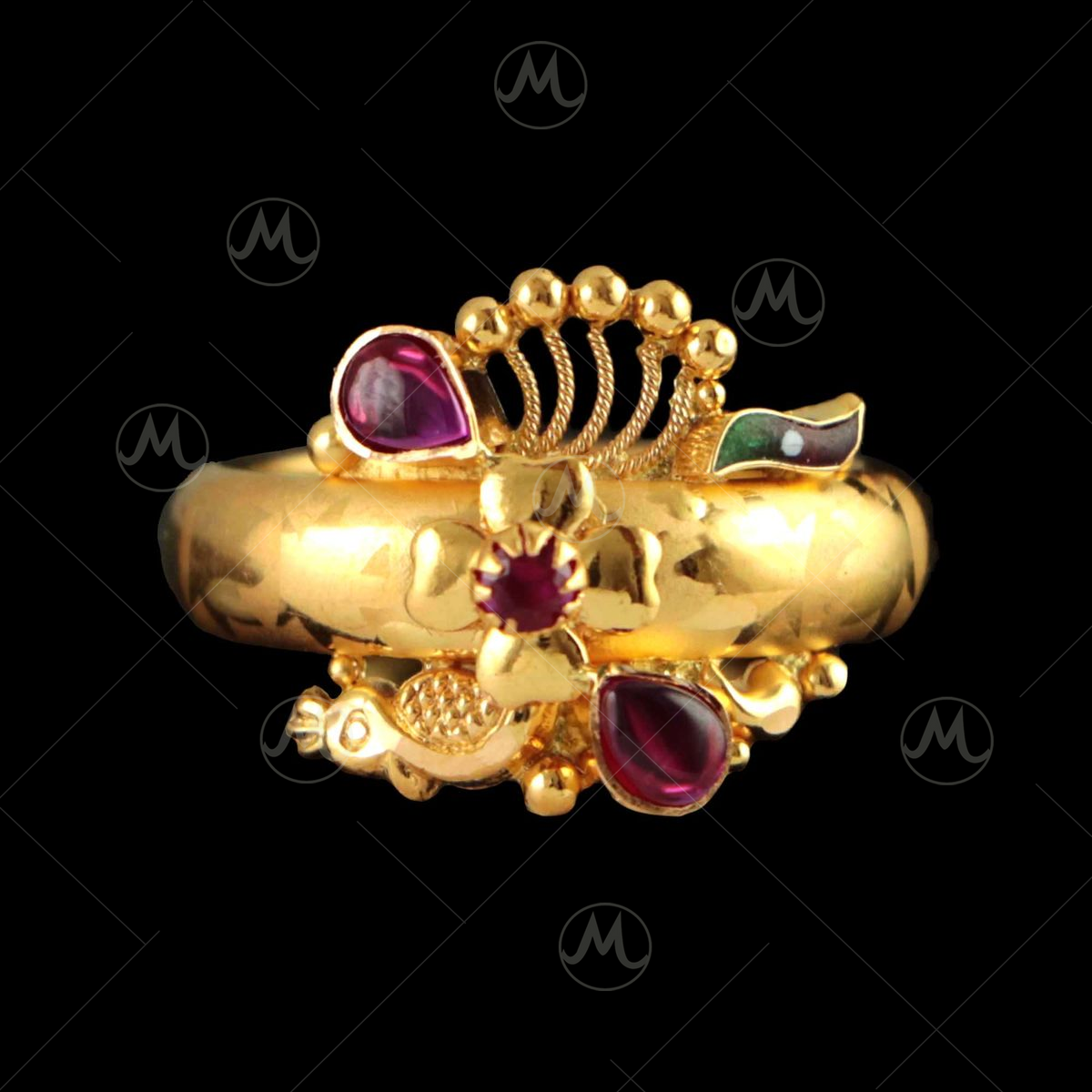 Buy quality 916 gold fancy green stone ladies ring in Ahmedabad